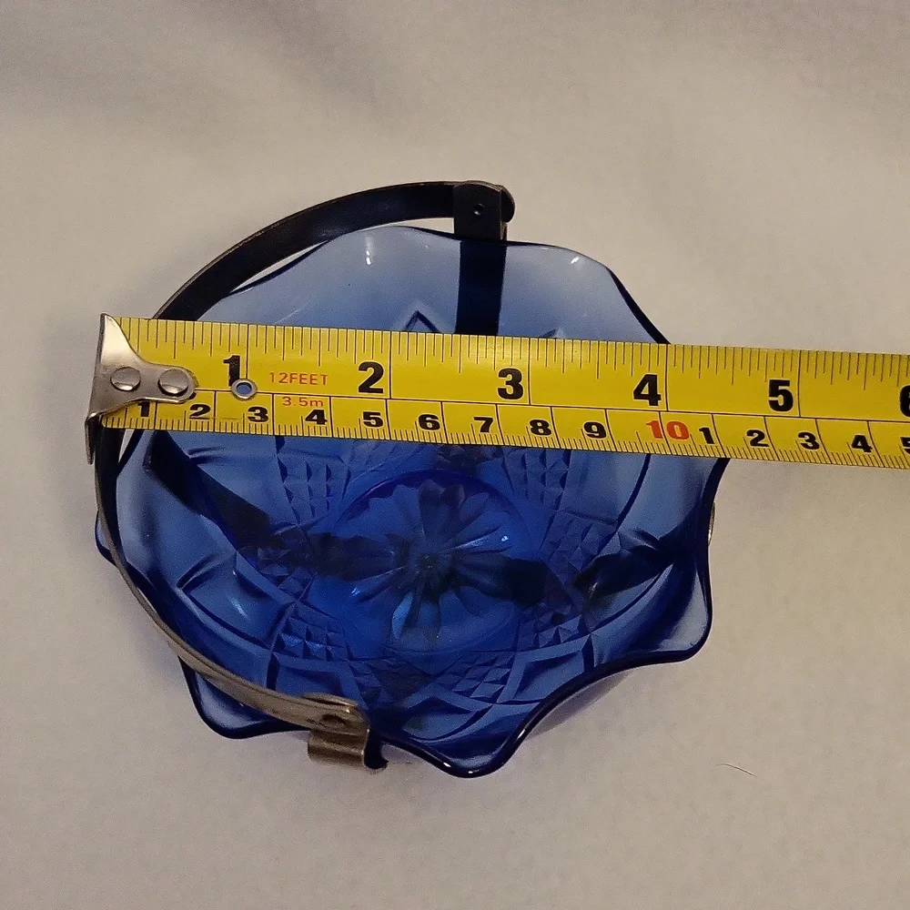 Vintage Cobalt Blue Glass Bowl with Metal Handle
